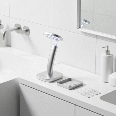 A modern at-home teeth whitening kit with LED light and gels on a clean bathroom counter