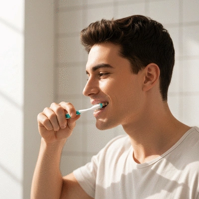 Person gently brushing teeth with a soft-bristled toothbrush