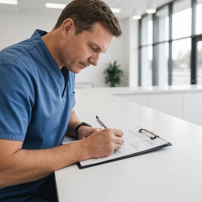 Close-up of a patient filling out a dental appointment form on a clipboard, bright and clean reception area, no text, no words, no typography, 8K