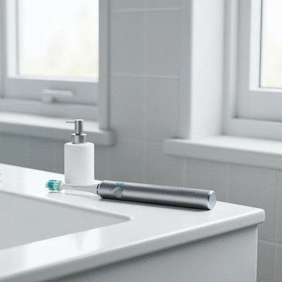 Modern electric toothbrush with smart features on a clean bathroom counter