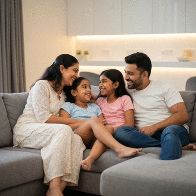 Happy family discussing their positive dental experiences in a modern home