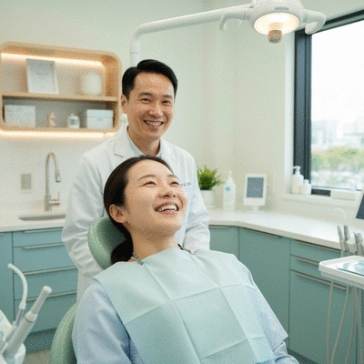 Patient smiling during a dental checkup, dentist in background