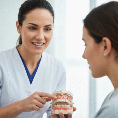 Close-up of a dentist explaining dental filling options to a patient using a dental model, showing tooth-colored options, clean image