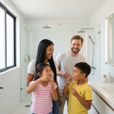 Family flossing together in a bathroom, smiling and healthy