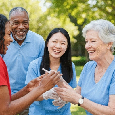 Diverse group of people participating in a community dental health initiative, smiling, clean image