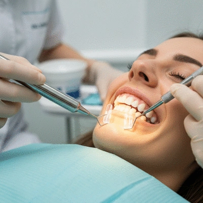 Close-up of a person receiving professional teeth whitening treatment in a dental office