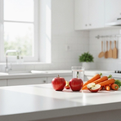 Assortment of healthy snacks like apples and carrots on a kitchen counter