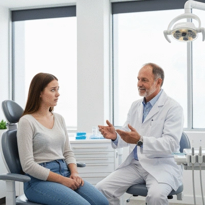 Patient consulting with a friendly dentist about root canal options, modern dental office, bright and clean, no text, no words, no typography, 8K