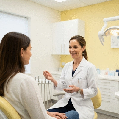 Dentist consulting with a patient in a modern dental office, showing care and professionalism, clean image