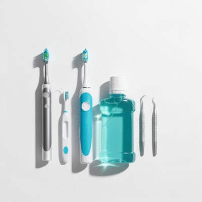 Variety of modern dental tools and products arranged neatly on a surface