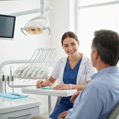 Dentist and patient discussing dental care in a modern clinic